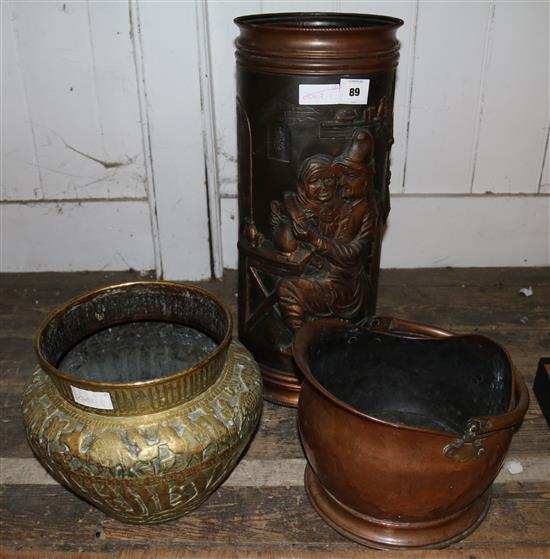 Persian brass vase, copper coal scuttle and a stick stand(-)